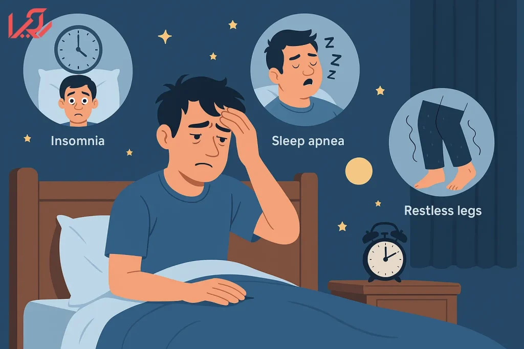 مردی خسته و بیدار در رختخواب با نمایش اختلالات خواب
