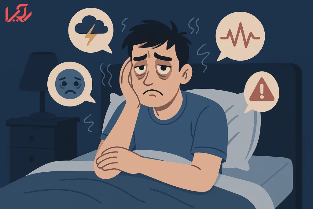 مردی نگران در تخت با علائم اضطراب، خستگی و تپش قلب