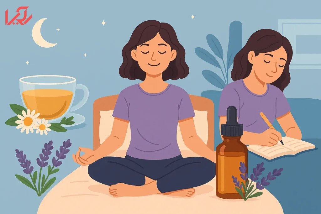 زن در حال مدیتیشن و نوشیدن دمنوش در اتاق خواب آرام