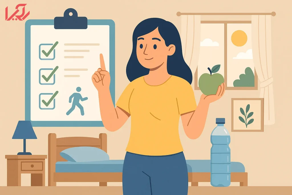 زنی با سیب و چک‌لیست عادت‌های سالم خواب