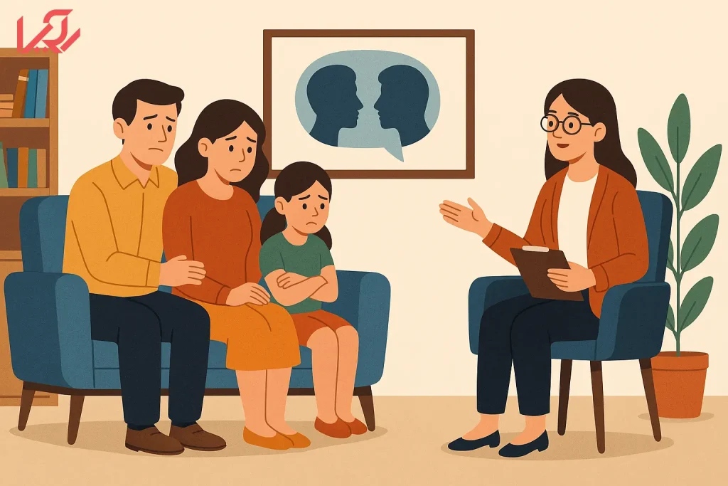 تصویر کارتونی خانواده‌ای در حال گفتگو و پیشگیری از تنش‌های خانوادگی با ارتباط مؤثر