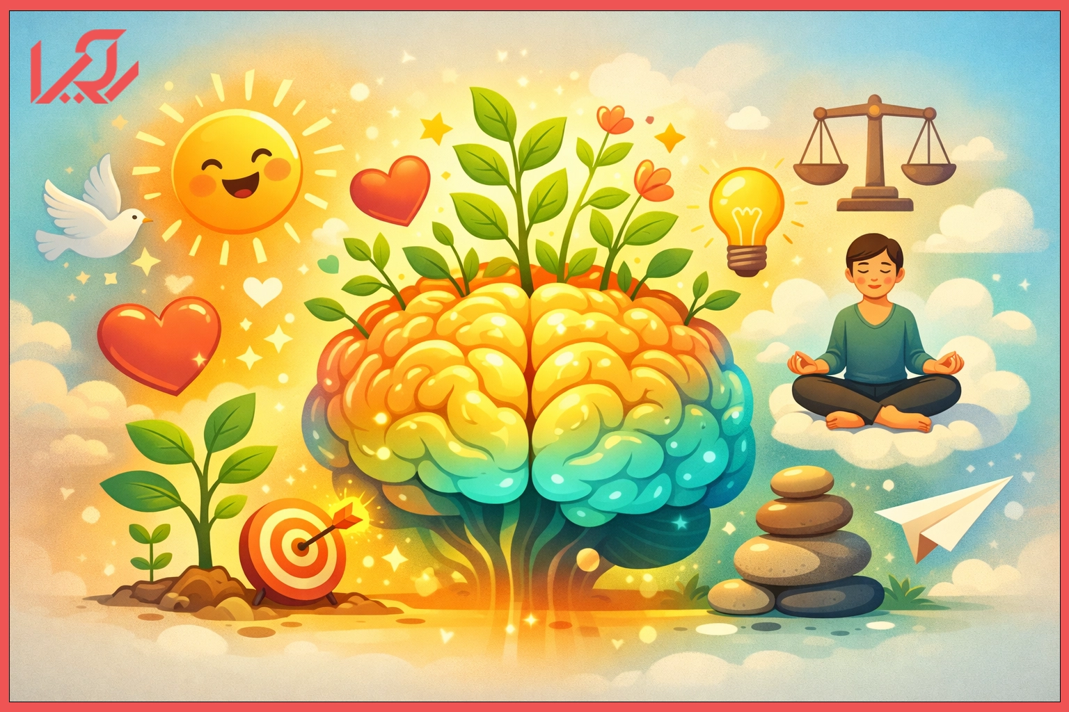 مفهوم روانشناسی مثبت‌گرا با تمرکز بر رشد ذهنی، شادی و تعادل روان