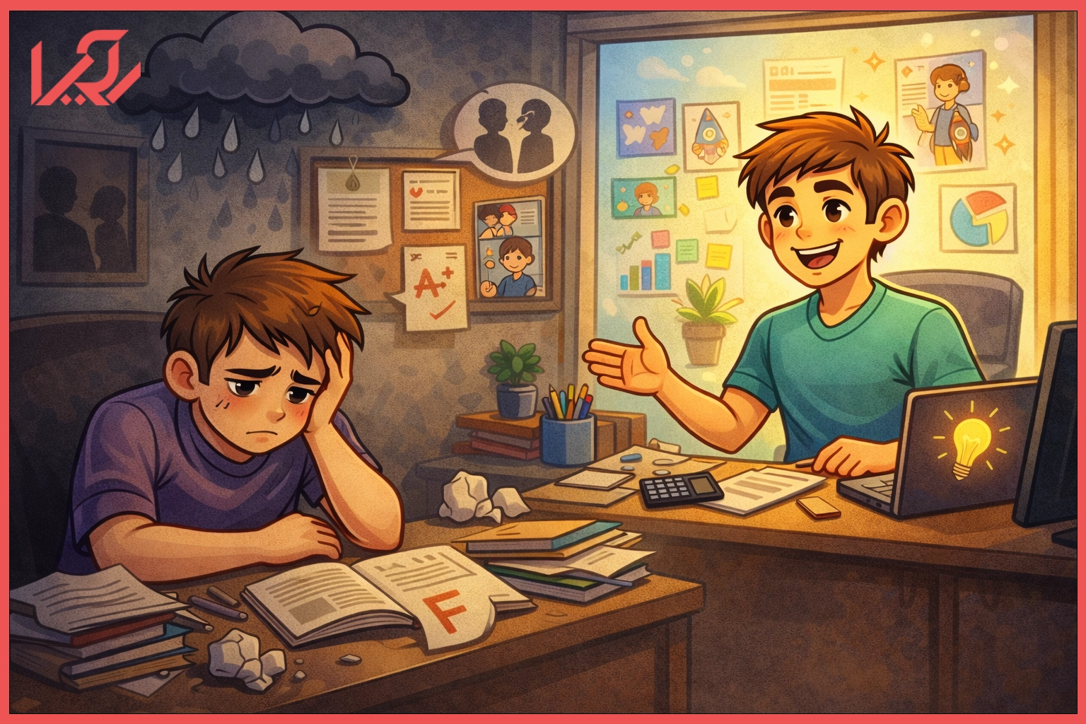 تصویر کارتونی از نوجوان ناامید از نمره پایین، همراه با دوست حمایتگر، نماد ناامیدی تحصیلی
