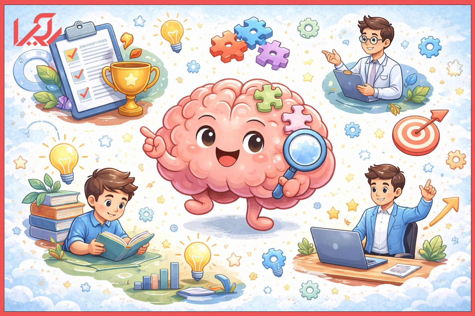 مغز کارتونی با ذرهبین در کنار نمادهایی از مزایای تست شناختی مانند تمرکز، پیشرفت تحصیلی، هدفگذاری و رشد ذهنی