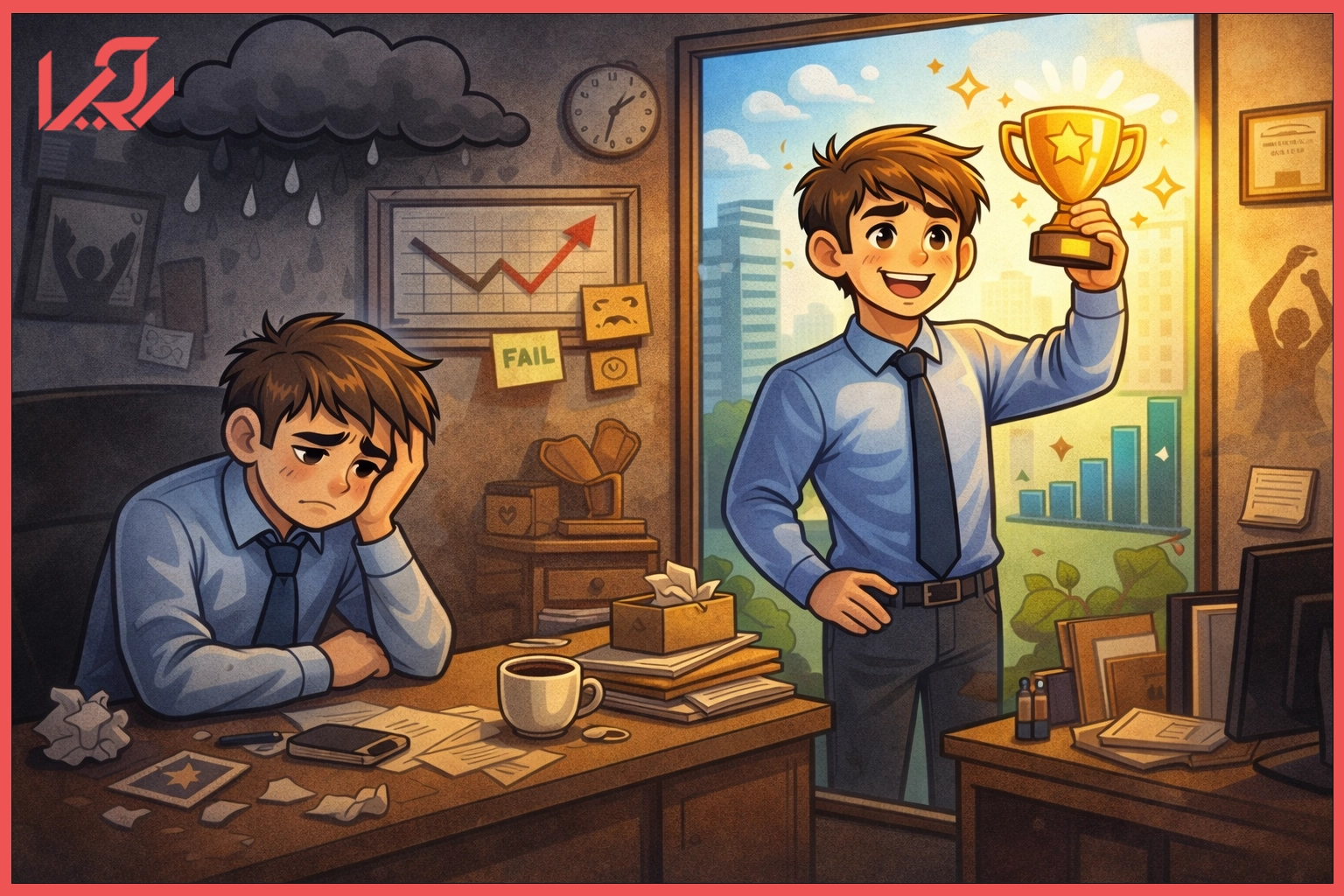 تصویر کارتونی از کارمند ناامید در کنار نسخه موفق خودش، نشاندهنده درمان ناامیدی شغلی