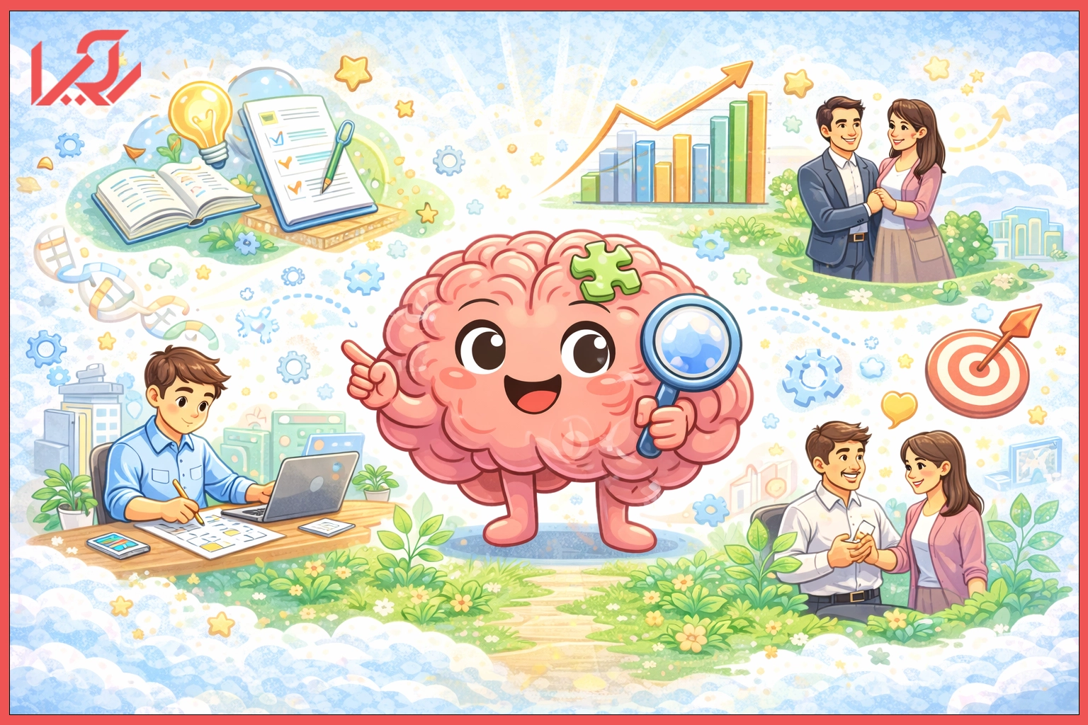 مغز کارتونی با ذرهبین در مرکز ارتباط با شخصیتهایی در حال رشد، کار، یادگیری و بهبود رابطه – نشانههایی از تأثیر تست شناختی بر سبک زندگی