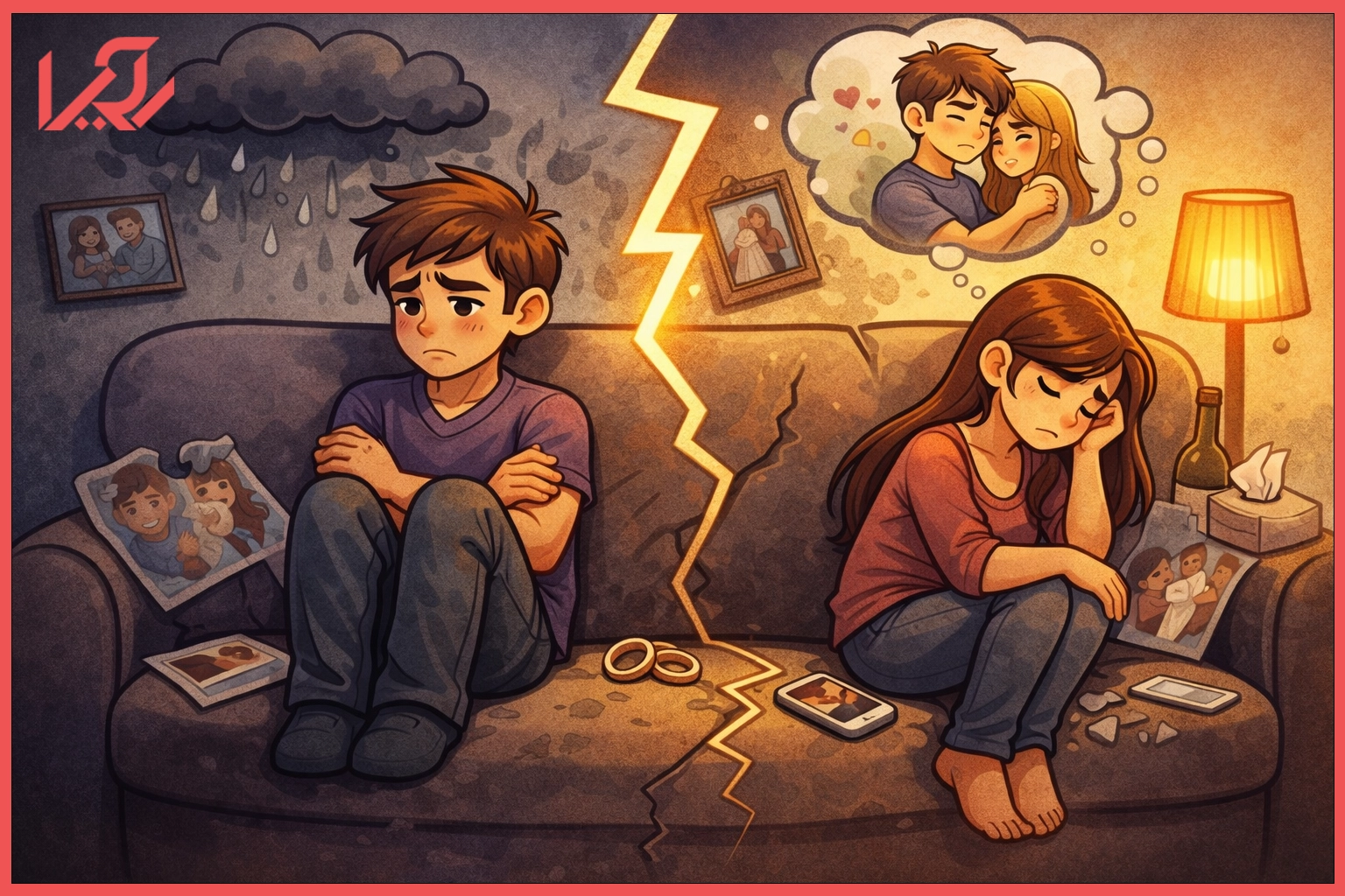 تصویر کارتونی از یک زوج ناراضی، فاصله عاطفی و جدایی نمادین، مرتبط با ناامیدی در روابط عاطفی