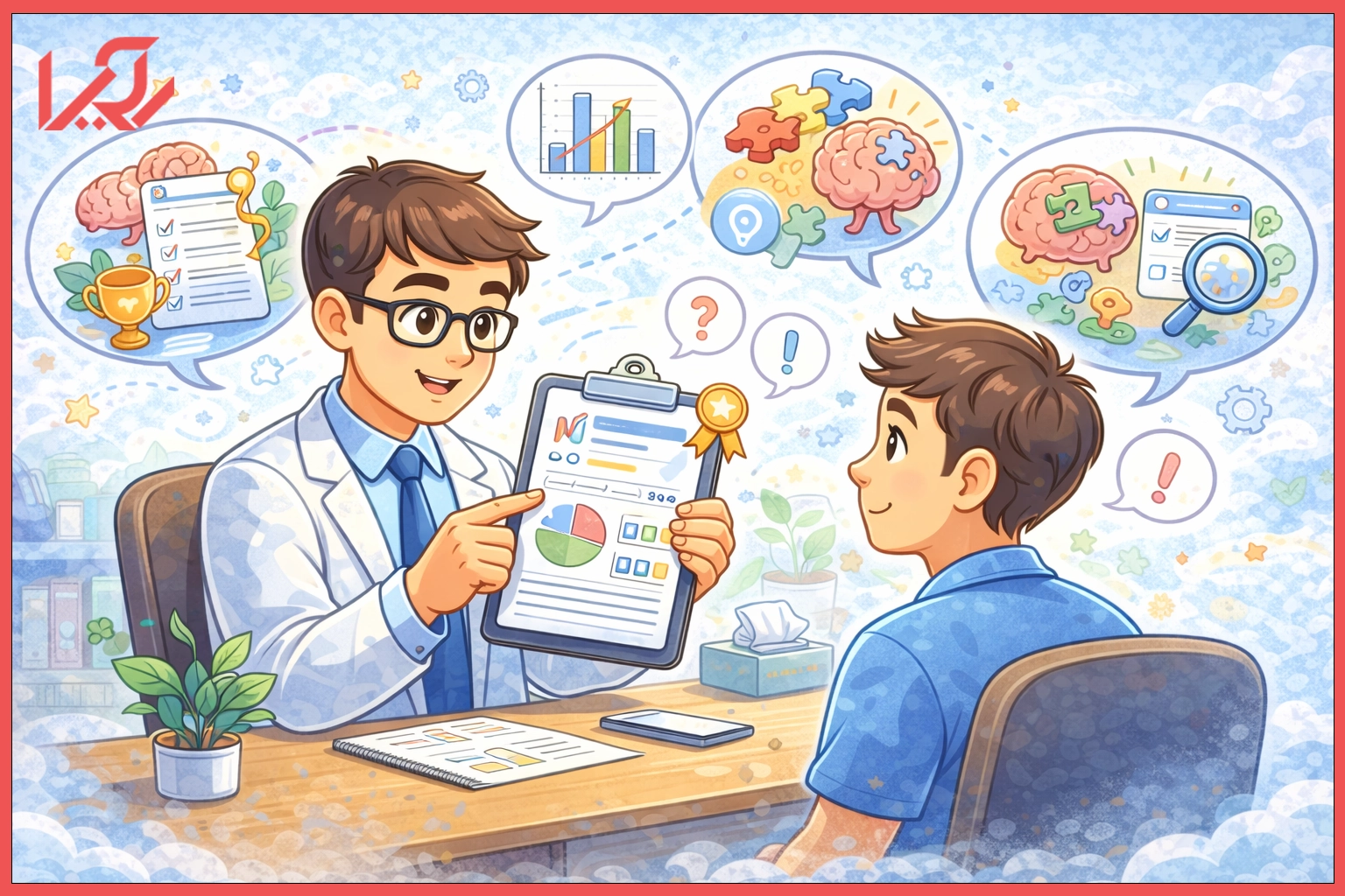 روانشناس در حال توضیح نتایج تست توانایی شناختی به مراجعهکننده در محیطی کارتونی – تحلیل نمودارها و عملکرد ذهنی با نمادهای مغز و پازل