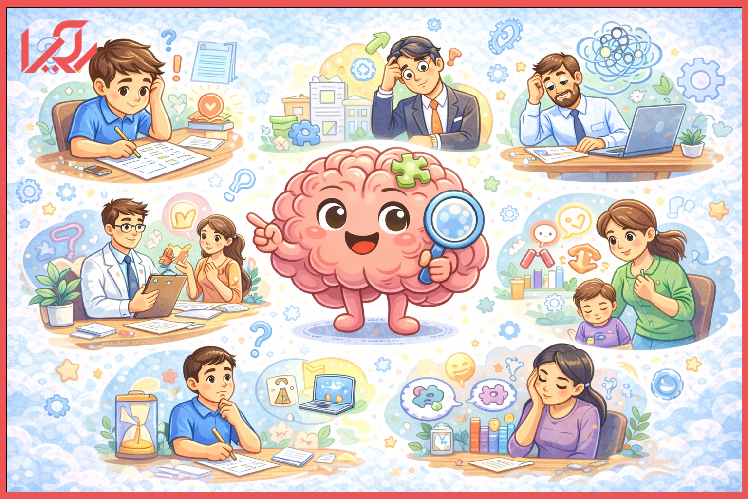 نماد مغز کارتونی با ذرهبین در مرکز، احاطه شده با شخصیتهایی از سنین و موقعیتهای مختلف که نیاز به تست شناختی دارند – کودک، مادر، فرد مضطرب، کارمند، دانشآموز و زوج